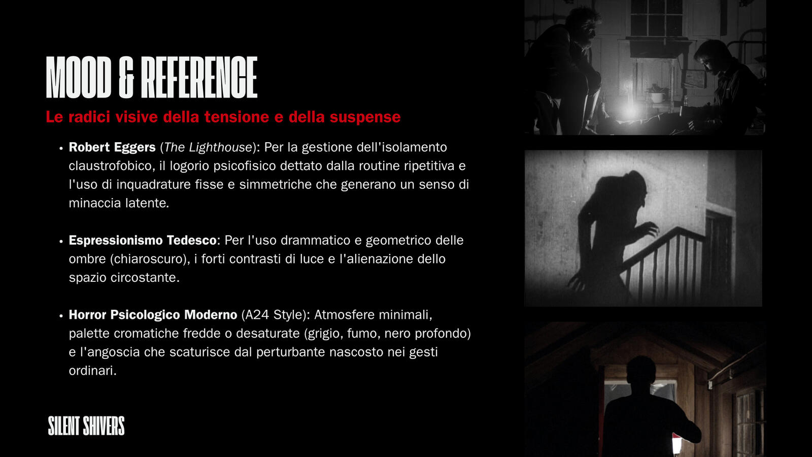Slide delle reference visive con l'immagine di una sagoma scura in una stanza di legno