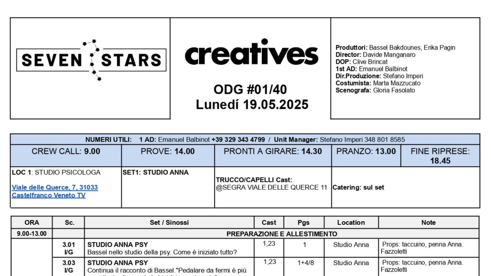 rimo Ordine del Giorno di produzione per la serie Creatives