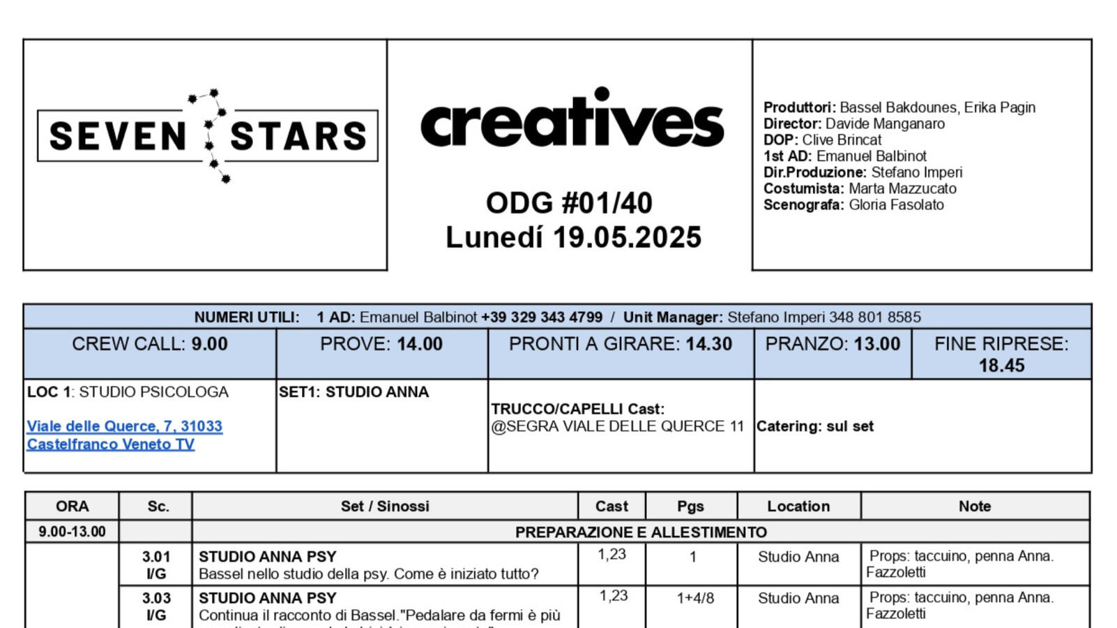 rimo Ordine del Giorno di produzione per la serie Creatives