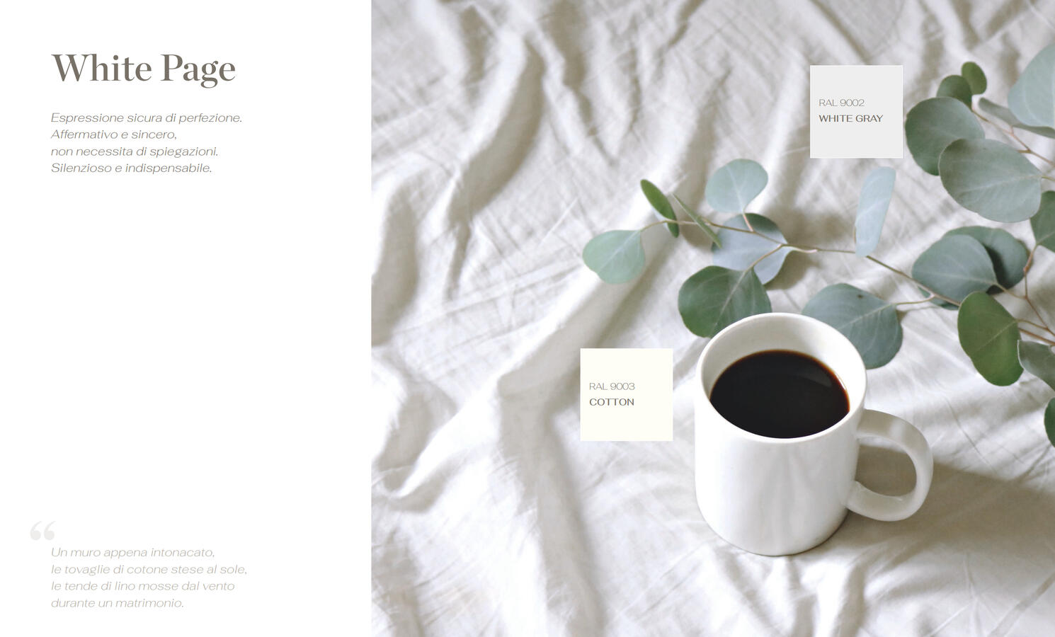 Palette Sensitive — Micro-racconto "White Page" Pagina del depliant KE con dettagli di tessuti in lino, tazza di caffè e testo poetico White Page