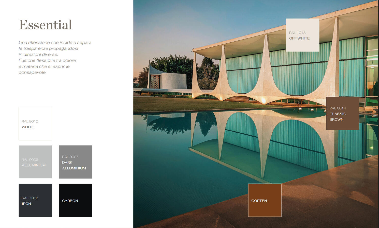 Palette Essential — Materia & Luce Pagina del catalogo KE dedicata alla palette Essential con foto di architettura moderna sul riflesso dell'acqua