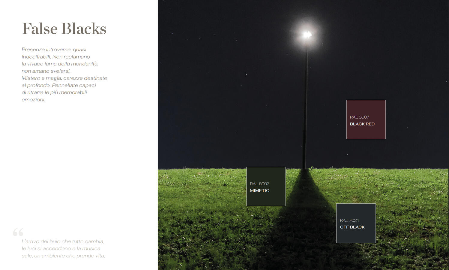 Palette False Blacks — Nomenclatura Cromatico-Emozionale Sezione del catalogo KE dedicata alle tonalità scure False Blacks con campioni di colore e testo descrittivo